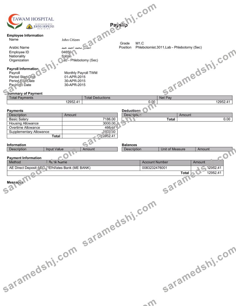 UAE TAWAM Hospital payslip template in Word and PDF formats